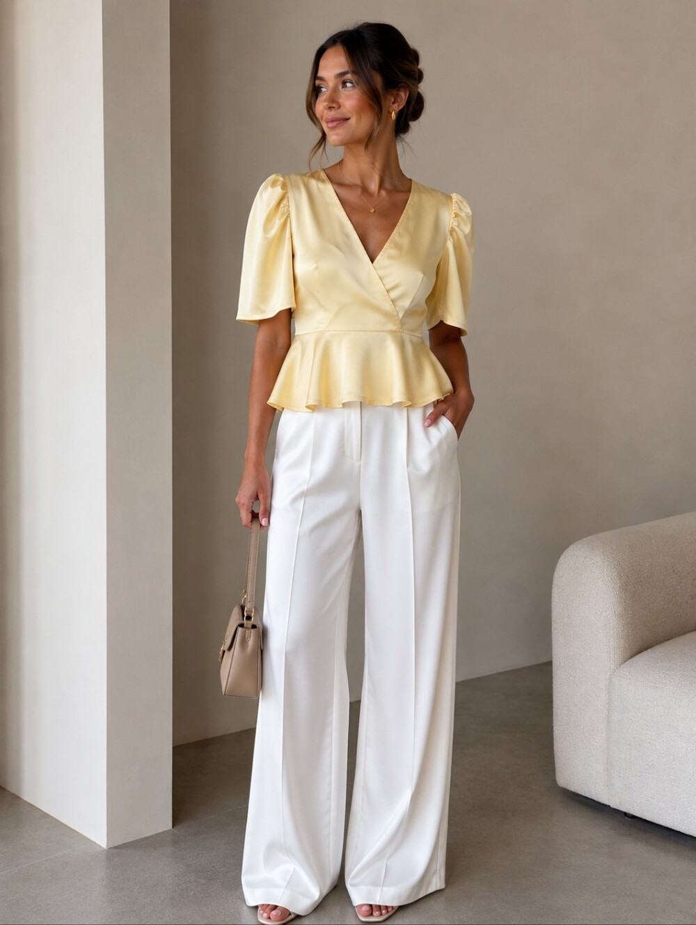 NEW Women’s Yellow Satin Peplum Wrap Top and White Wide-Leg Pants Outfit